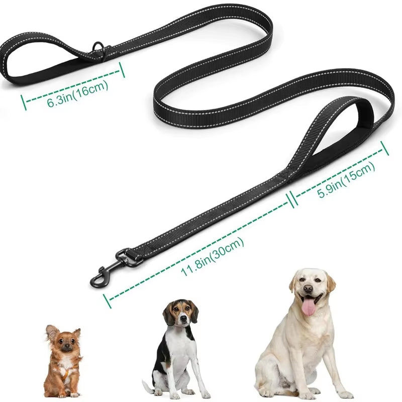 Long Traffic Padded Two Handle Heavy Duty Nylon Dog Leash for Training Control Double-Sided Reflective Night Safety