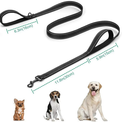 Long Traffic Padded Two Handle Heavy Duty Nylon Dog Leash for Training Control Double-Sided Reflective Night Safety