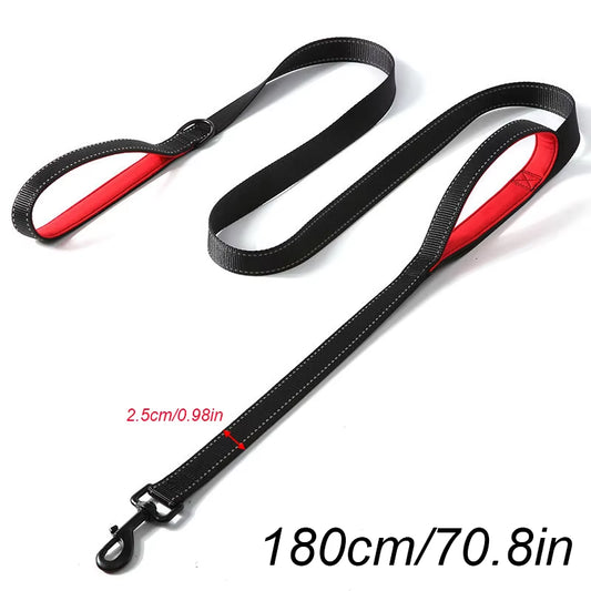 Long Traffic Padded Two Handle Heavy Duty Nylon Dog Leash for Training Control Double-Sided Reflective Night Safety