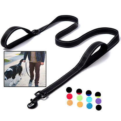 Long Traffic Padded Two Handle Heavy Duty Nylon Dog Leash for Training Control Double-Sided Reflective Night Safety