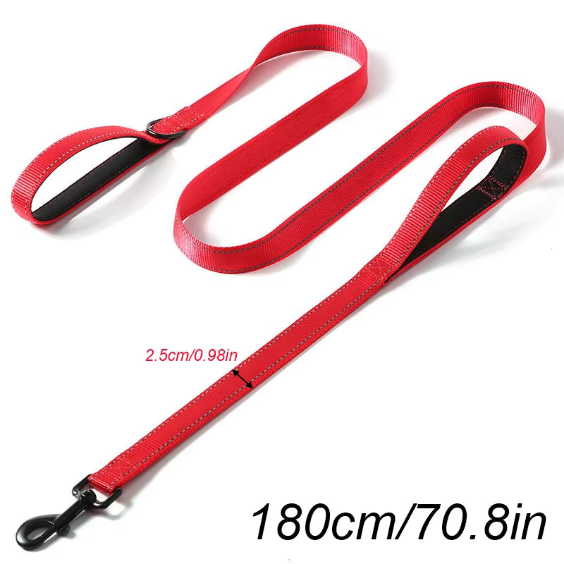 Long Traffic Padded Two Handle Heavy Duty Nylon Dog Leash for Training Control Double-Sided Reflective Night Safety