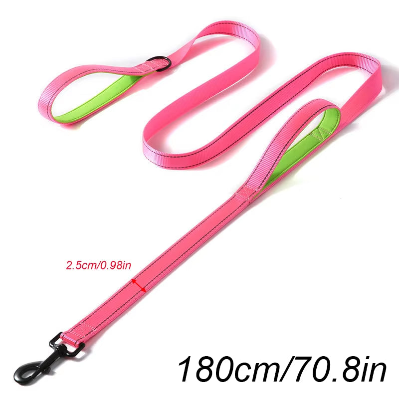 Long Traffic Padded Two Handle Heavy Duty Nylon Dog Leash for Training Control Double-Sided Reflective Night Safety