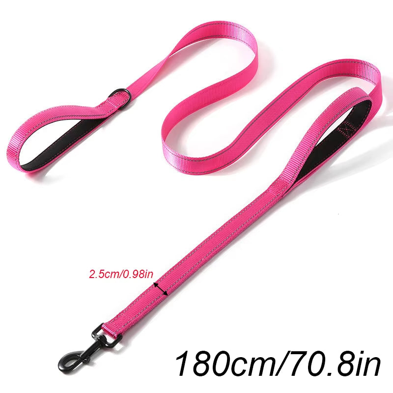 Long Traffic Padded Two Handle Heavy Duty Nylon Dog Leash for Training Control Double-Sided Reflective Night Safety