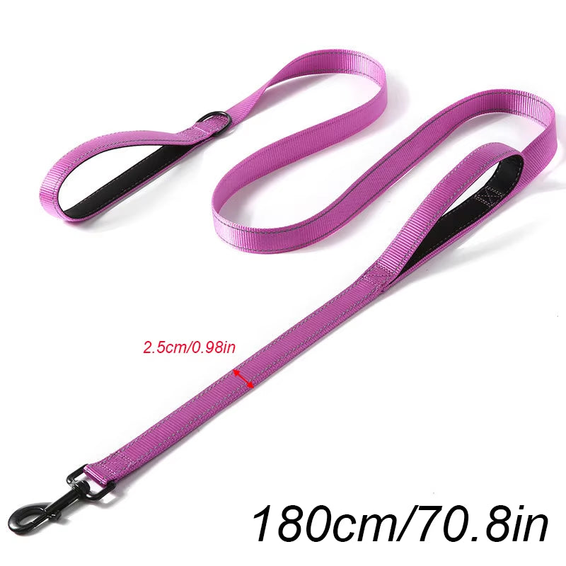 Long Traffic Padded Two Handle Heavy Duty Nylon Dog Leash for Training Control Double-Sided Reflective Night Safety