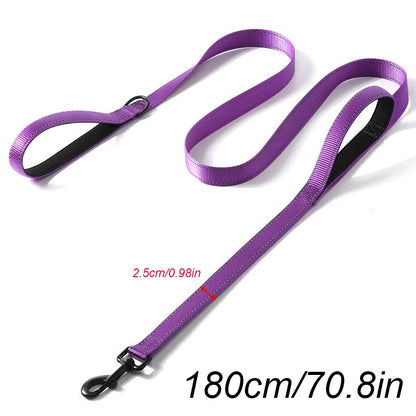 Long Traffic Padded Two Handle Heavy Duty Nylon Dog Leash for Training Control Double-Sided Reflective Night Safety